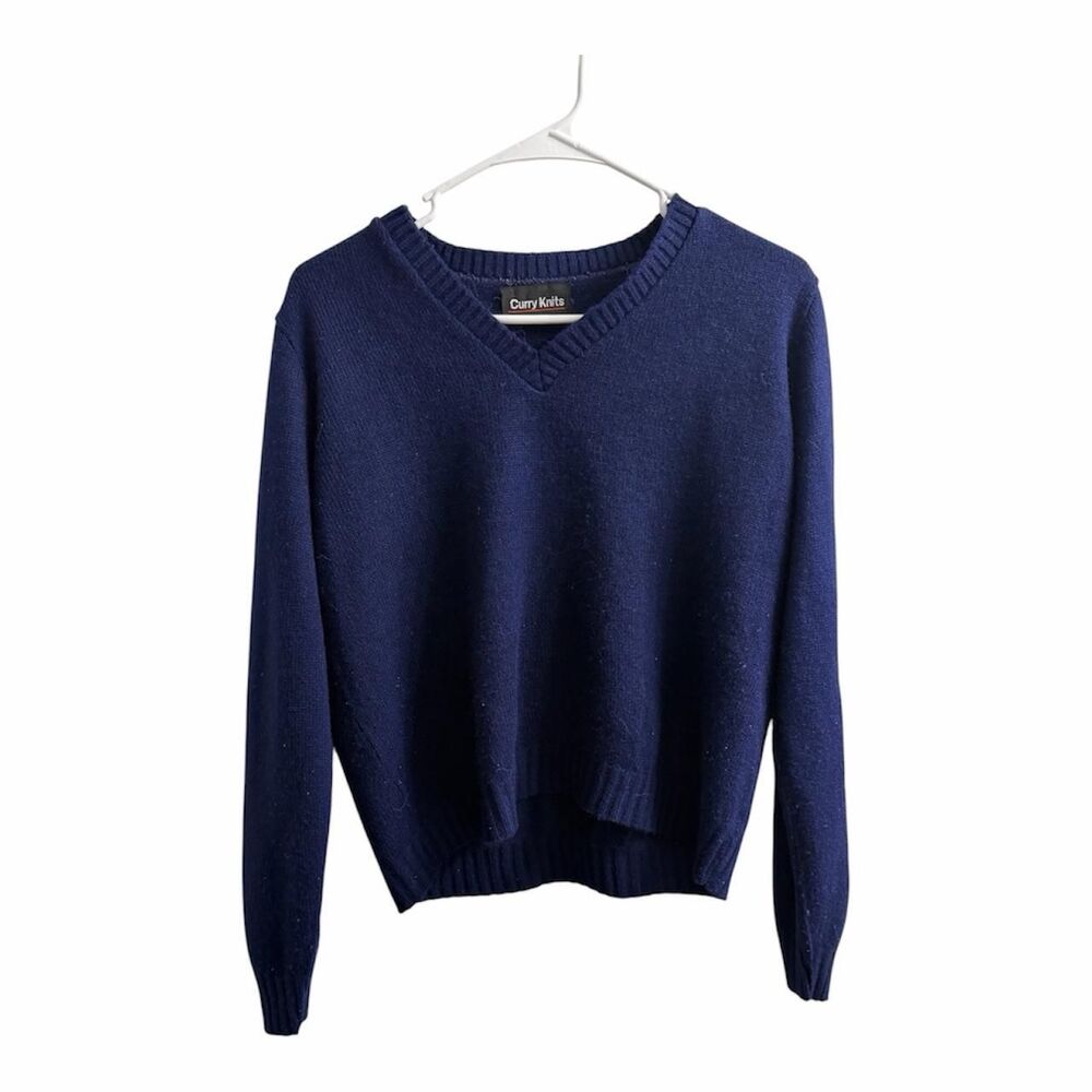 Curry Knits Vintage Navy Blue V-Neck Long Sleeve Sweater